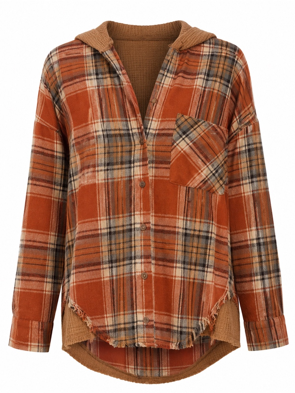 Newin Rust Orange Plaid Hooded Shacket with Frayed Hem in Size